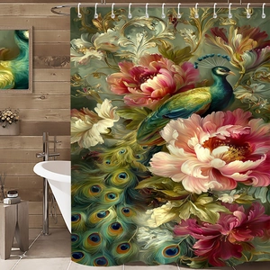 Duschvorhang mit Pfauen-Ölgemälde, rosa Blumen und goldfarbenen klassischen Ornamenten