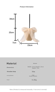 Size chart showing dimensions for a woven handbag with 34cm handle and mesh bow detail