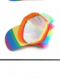 Detail view of the rainbow baseball cap featuring colorful faux fur and adjustable lining