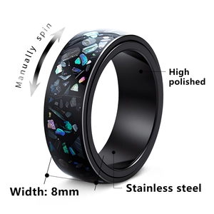 Bague rotative homme 8mm en acier inoxydable noir avec incrustation de nacre abalone