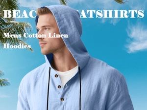 Detail of light blue cotton linen hoodie with buttoned Henley collar for beach wear