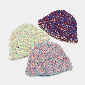Handmade chunky knit bucket hats in assorted mixed colors with thick crochet texture