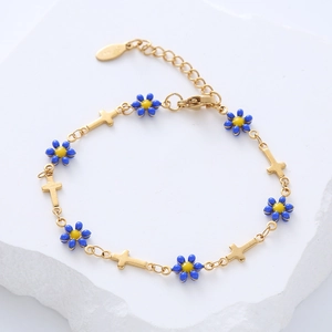 18k gold plated stainless steel bracelet with blue flowers and cross charms for women