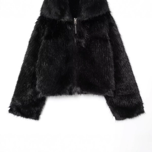 Women's black short faux fur jacket with hood and silver zipper closure on white background