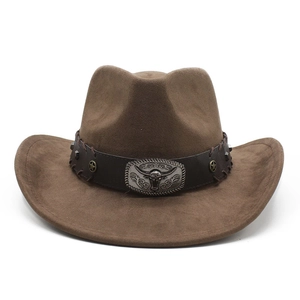 Detail of western cowboy hat with decorative belt, bull head metal badge and star rivets