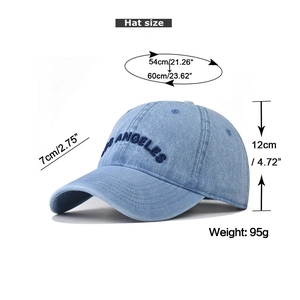 Detailed size chart for the washed blue Los Angeles denim baseball cap showing dimensions