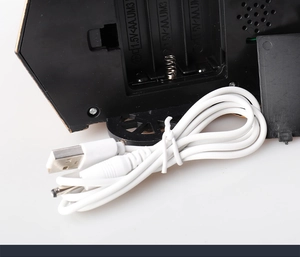 Detail of the bottom battery compartment for 3 AA batteries and USB charging cable
