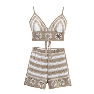 Women Crochet Knit Hollow Out Halter Camisole And Shorts Vacation Boho Floral Pattern Beachwear Camel White