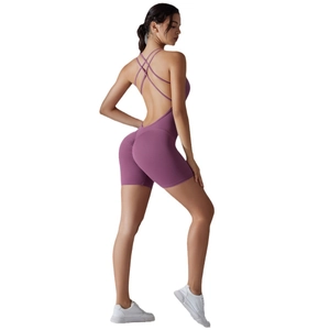 Purple backless yoga romper with cross straps and high-elastic bodycon design