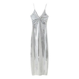 Vestito Lungo Sexy Con Paillettes Argentate Spalline Sottili Scollo A V Bodycon Festa Serale Da Donna