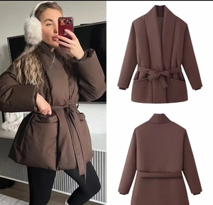Detailed views of dark brown quilted coat with adjustable waist belt and shawl collar