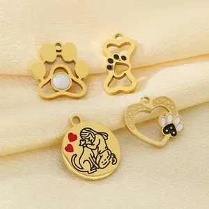 Stainless Steel Pet Paw Bone Heart Round Charms 18K Gold Plated Enamel DIY Jewelry Making For Women