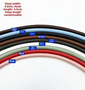 Detail showing 0.8cm wide PU leather bag straps with 4.5cm metal hooks in nine colors