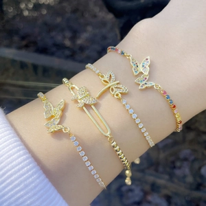 Zircon Butterfly Dragonfly Bracelet Copper Gold Plated Adjustable Slider Chain Trendy Minimalist Jewelry For Women