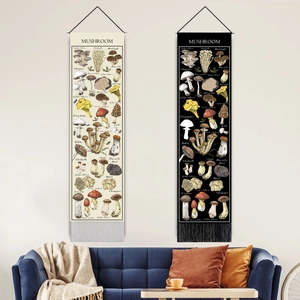Mushroom Botanical Hanging Scroll Tapestry Vintage Plant Illustration Polyester Cotton Wall Art Wood Pole Tassels Decor