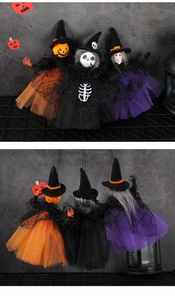 Detail view of 3-piece Halloween hanging ghouls with mesh skirts in orange black and purple