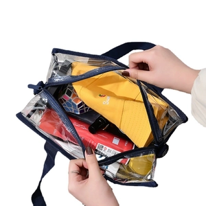 Extra large transparent PVC beach bag with dark blue straps and spacious interior storage