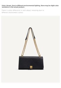 Detail of a brown quilted leather shoulder bag with gold chain strap and metal buckle