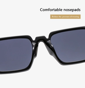 Detail of square sunglasses showing integrated nose pads for comfortable pressure-free wear