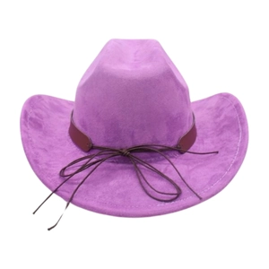 Detailed macro view of the purple suede texture and brown leather strap on western cowboy hat