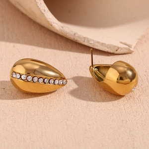 Macro detail of 18K gold plated teardrop earrings with linear micro-inlaid rhinestones