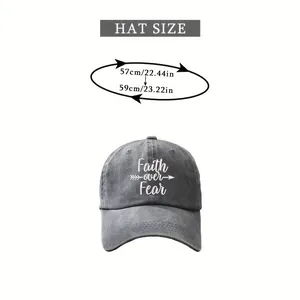 Washed dark gray baseball cap with Faith over Fear embroidery and 57-59cm size chart