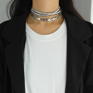 Multi-layer silver stainless steel chain necklace set for women on model neck