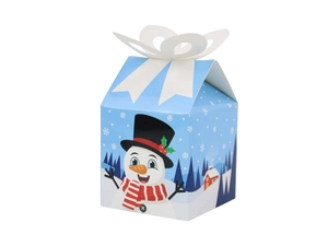 Close-up of light blue Christmas candy box with snowman print and butterfly bow closure