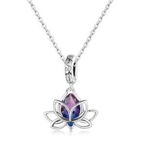 S925 sterling silver lotus pendant with gradient teardrop gemstone on white background