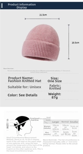 Tableau des tailles détaillé pour bonnet en tricot avec mesures de largeur et hauteur