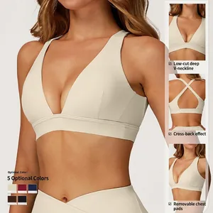 Deep V-neck yoga bra with cross back design and removable pads in five colors