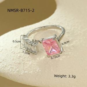 Detailed size and weight specs for the silver ring with a pink rectangular zircon stone