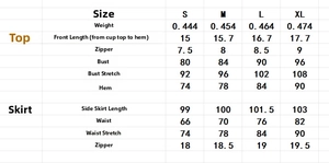 Detailed size chart for crop top and fringe skirt set including measurements in CM