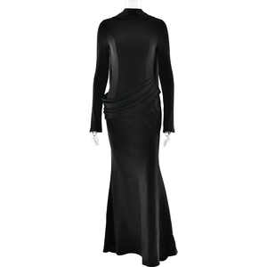 Elegant slim fit long sleeve black maxi dress with waist pleats and fishtail silhouette