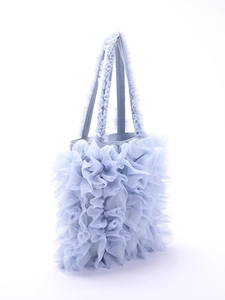 Detailed side view of light blue mesh ruffle bag featuring soft layered pleats