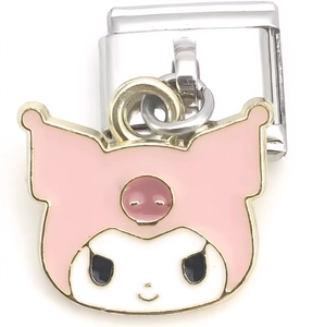 Macro detail of Kuromi enamel pendant with stainless steel watch band connector