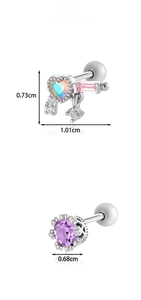Detail showing dimensions of butterfly and round surgical steel ear piercings with screw balls