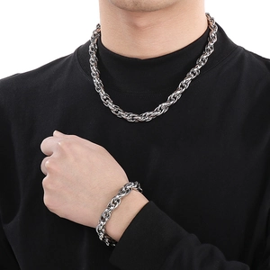 Polished silver stainless steel twist rope chain necklace and bracelet set for men and women