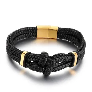 Men's double-layered black woven leather bracelet with gold magnetic clasp and knot
