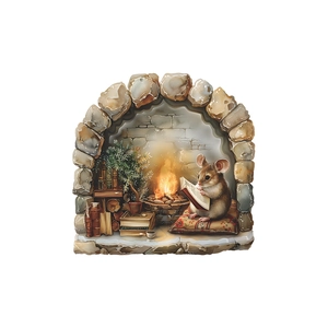 Detail of 3D mouse hole wall sticker showing a cute mouse reading by a cozy fireplace