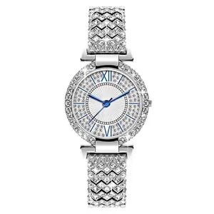 Orologio al quarzo lusso da donna argento con lunetta diamantata e lancette blu su quadrante