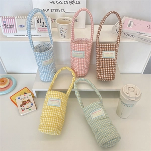 Quilted Gingham Water Bottle Holder Bag Padded Cotton Portable Cup Sleeve Thermal Insulation Tote For Outdoor Travel