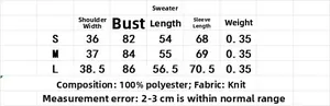 Detailed size chart for women's knit cardigan with measurements in S, M, and L sizes