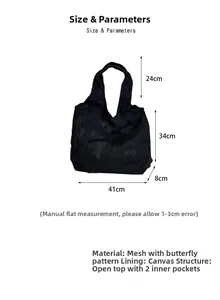 Detailed view of black lace butterfly tote bag with size dimensions 41x34x8cm