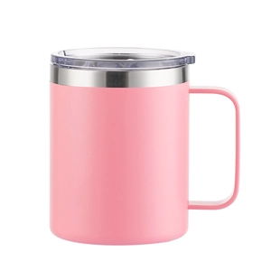 Pink 12oz insulated stainless steel mug with handle and transparent lid for office use