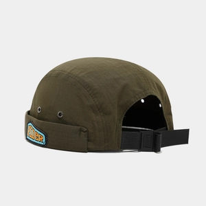 Detail view of military green miki hat with Rider embroidery and metal eyelets