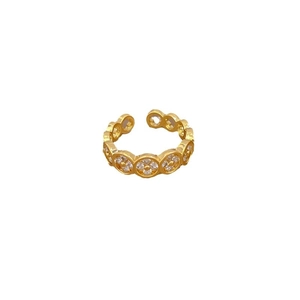 Adjustable gold clover ring with pavé crystals in a minimalist open band style