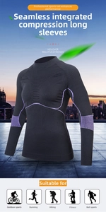 Detail of compression sports top with seamless knit texture and purple muscle-mapping lines