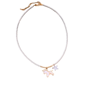 Elegant pearl necklace with gold beads, enamel unicorn and star zircon pendant