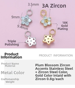 Detailed view of plum blossom zircon pendants in steel and 18K gold plated stainless steel